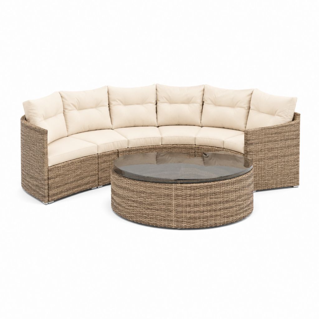 Gartenlounge Set 5-teilig Beige PE-Rattan Halbrund 240 x 120 x 85 cm mit rundem Glastisch Ø 120 x 45 cm