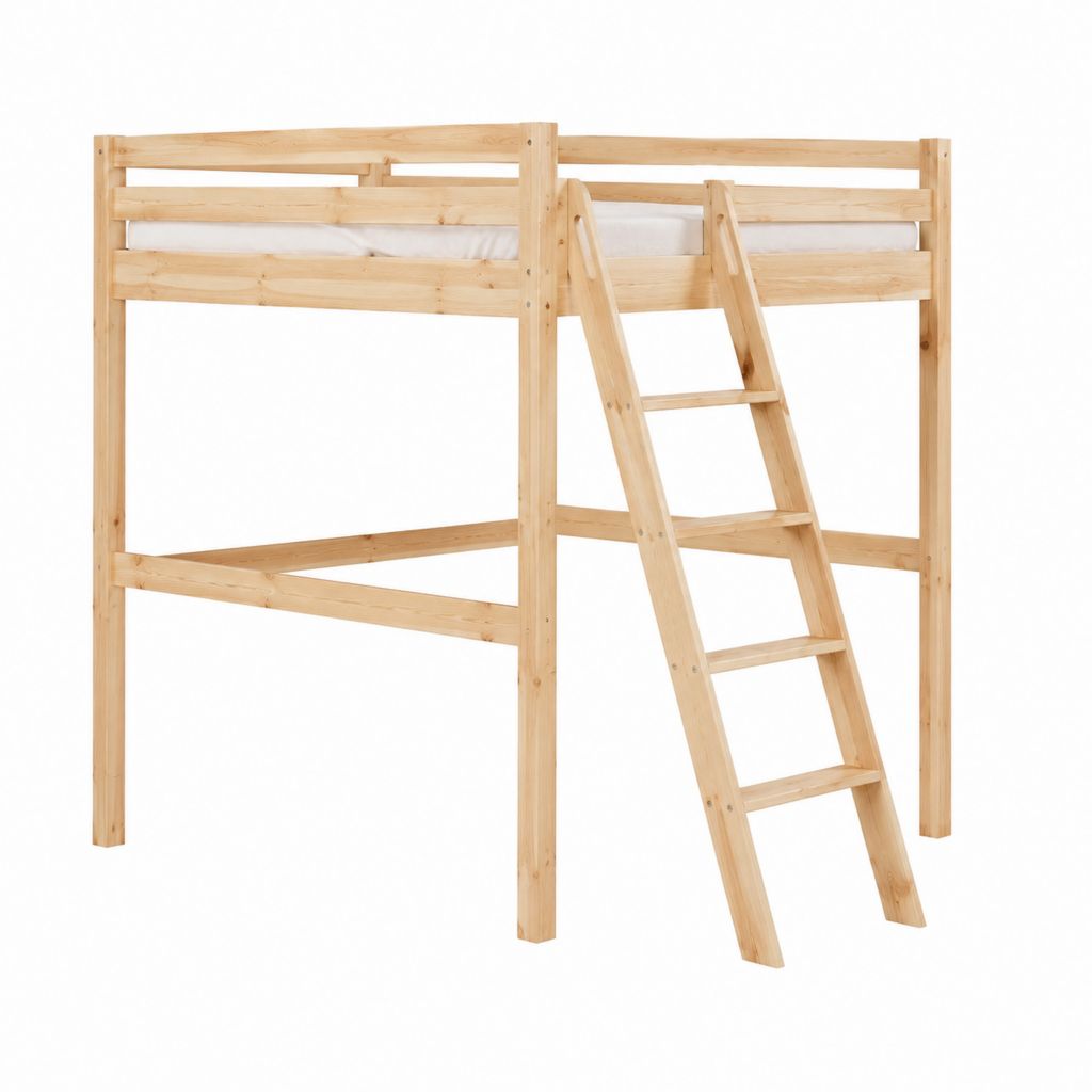 Hochbett Kinderbett Natur Kiefer Massivholz rechteckig 90 x 200 cm mit Leiter