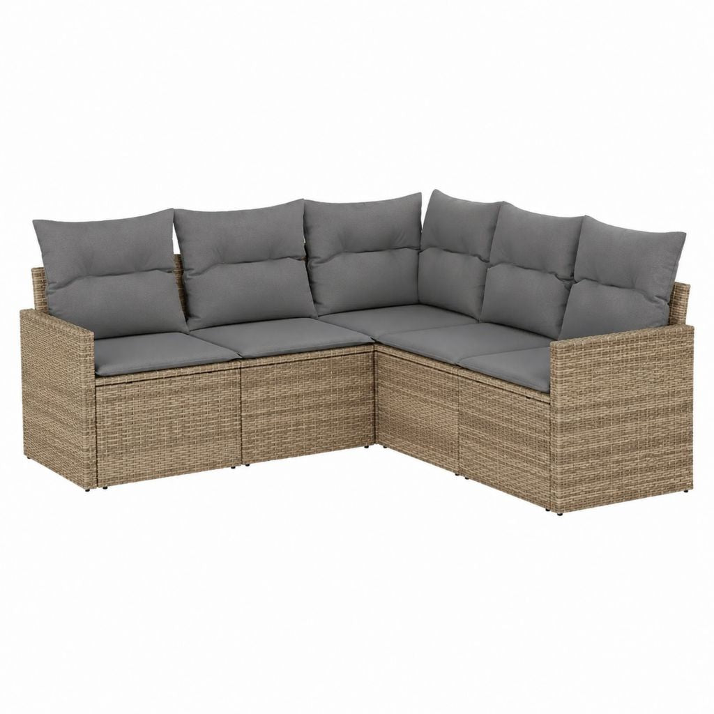 5-teiliges Garten Ecksofa aus Polyrattan in Naturgrau mit anthrazitfarbenen Polyesterpolstern L-Form 210 x 210 x 70 cm