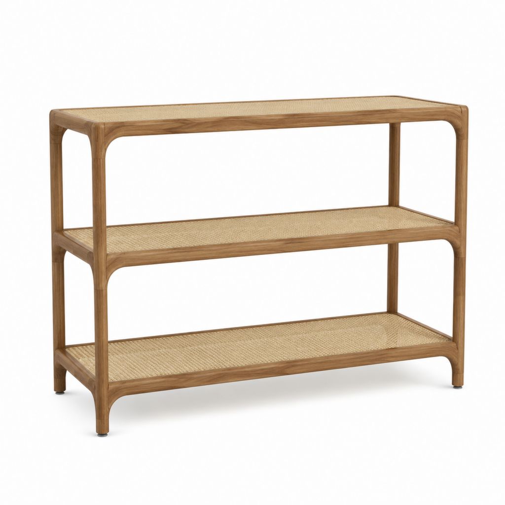 Bücherregal mit 3 Ablagen Naturfarben aus massivem Teakholz und Rattan 100 x 35 x 90 cm