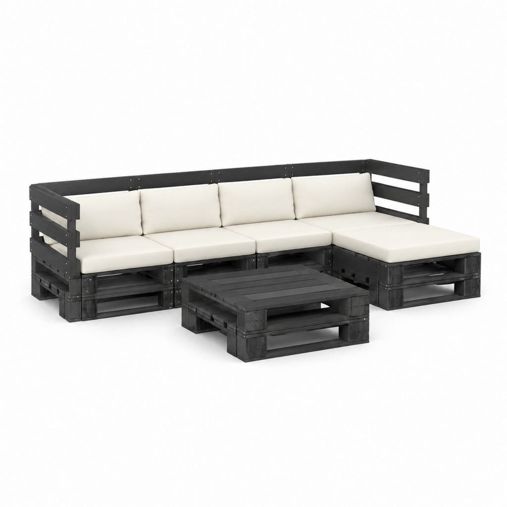 Paletten Gartenlounge Set Schwarz Massives Kiefernholz mit Polyesterkissen L-Form 190 x 140 x 66 cm