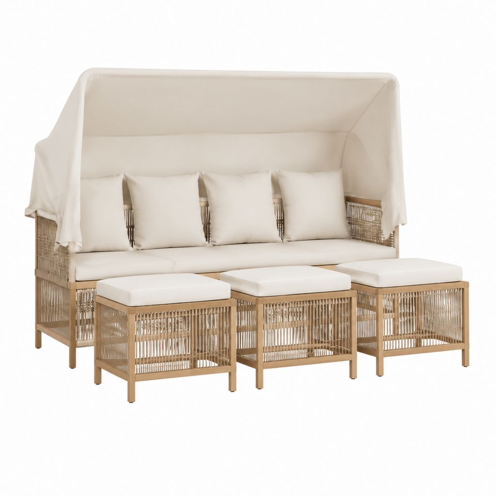 Gartenlounge Set mit Sonnendach Beige aus Akazienholz und Polyester 220 x 85 x 200 cm 4-teilig