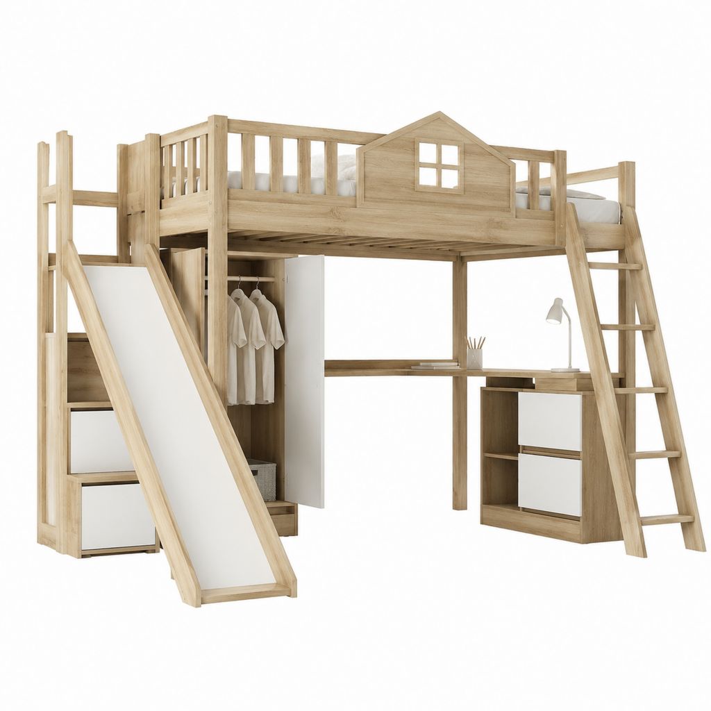 Kinderhochbett mit Schreibtisch Kleiderschrank und Leiter in Eiche-Optik Weiß für Matratze 90 x 200 cm