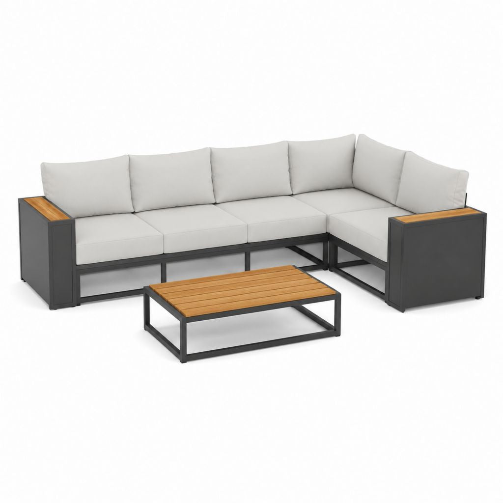 Gartenlounge Set Ecksofa L-Form Grau Aluminium Akazienholz 260 x 200 x 68 cm mit Couchtisch