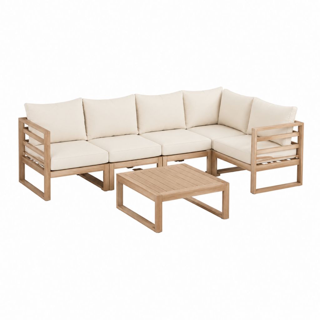 5-teiliges Gartenlounge Set Ecksofa Naturholz Beige mit Polyesterkissen 280 x 210 cm
