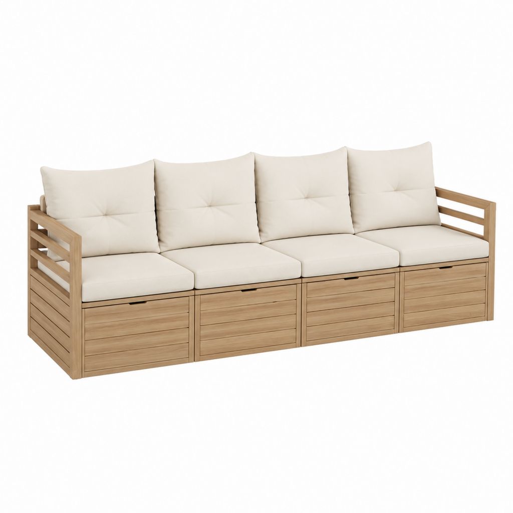 4-Sitzer Gartensofa aus massivem Akazienholz in Natur mit cremefarbenen Polyesterkissen gerade 280 x 70 x 70 cm