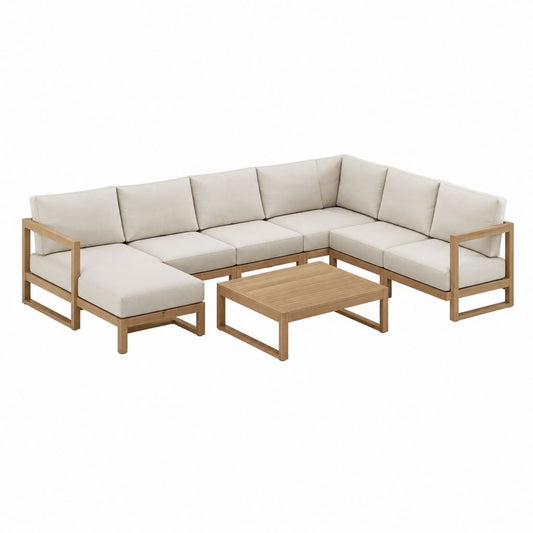 7-teiliges Gartenlounge-Set U-Form Beige Akazien-Massivholz mit Polyesterkissen 300 x 225 x 70 cm