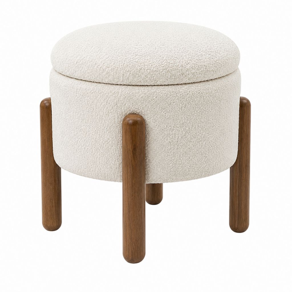 Fußhocker Creme mit Polyester-Bouclé und Massivholzbeinen rund Ø 40 x H 45 cm