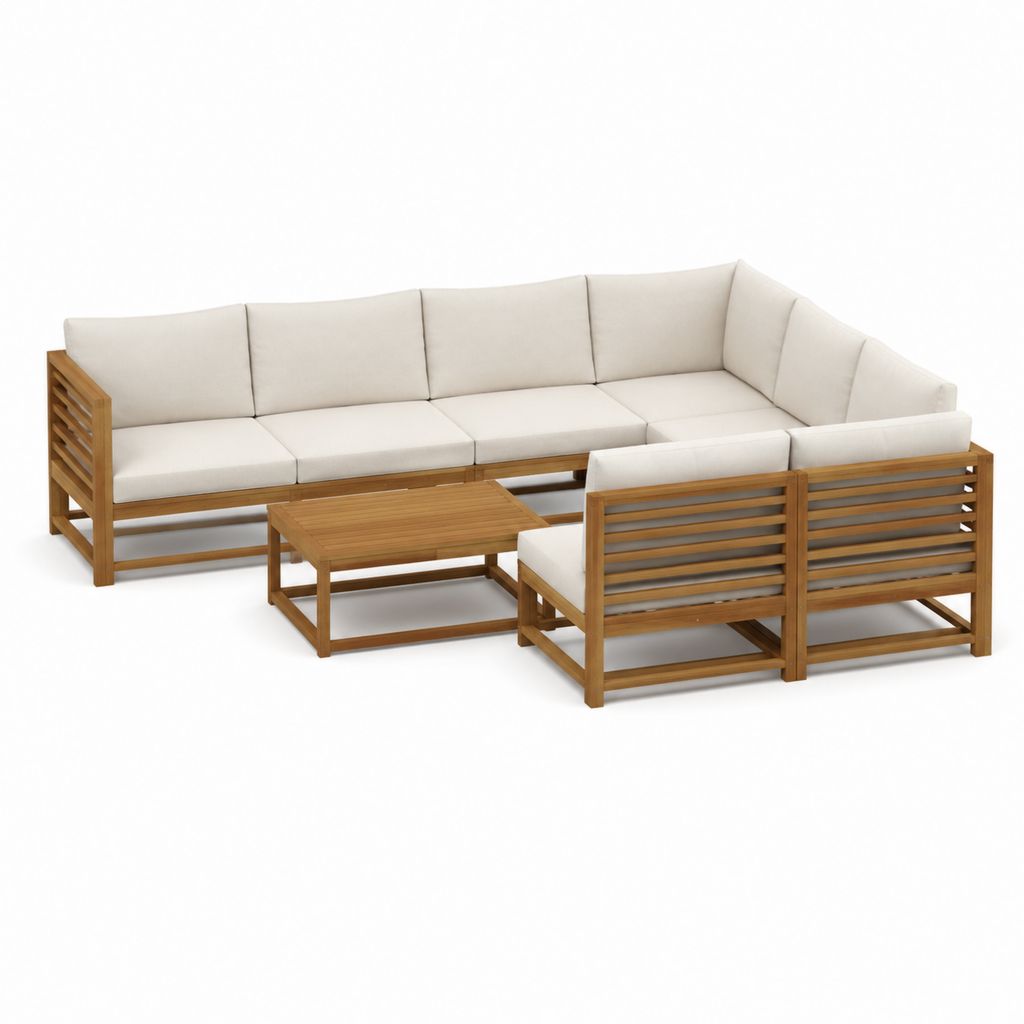 4-teiliges Gartenlounge-Set Beige Akazienholz mit L-förmigem Ecksofa Sesseln und Couchtisch 250 x 190 cm