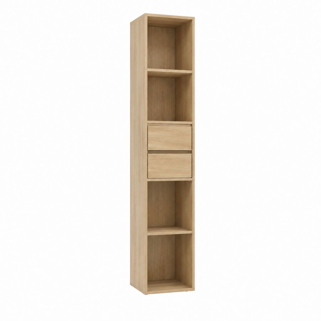 Schmales Bücherregal Eiche hell aus Spanplatte mit 4 offenen Fächern und 2 Schubladen 35 x 30 x 180 cm