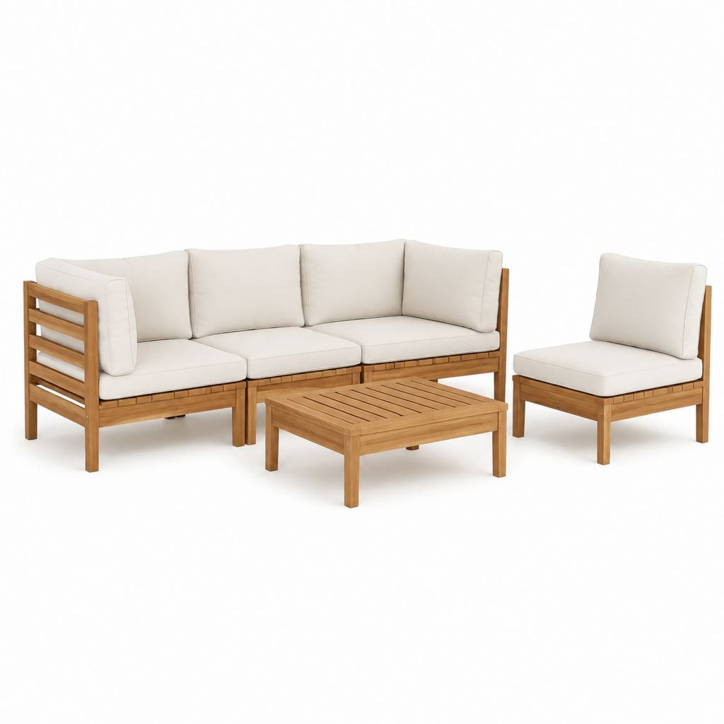 Gartenlounge Set 3-teilig Naturbraun Creme Akazien-Massivholz 3-Sitzer Sofa Sessel Couchtisch 204 x 76 x 68 cm